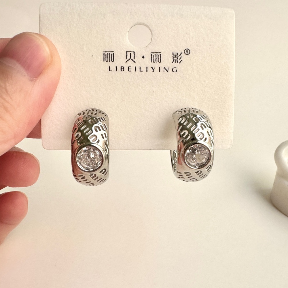 Silver Chunky Hoop Earrings Crystal Accent (2 for $15)